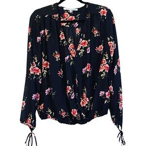 Collective Concepts Dark Floral Surplice Wrap Tie Sleeve Blouse Sz XL